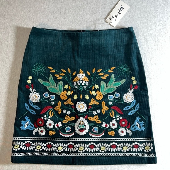 Simple Dresses & Skirts - Embroidered Floral Teal Corduroy Mini Skirt by Simplee, Size Small/Medium